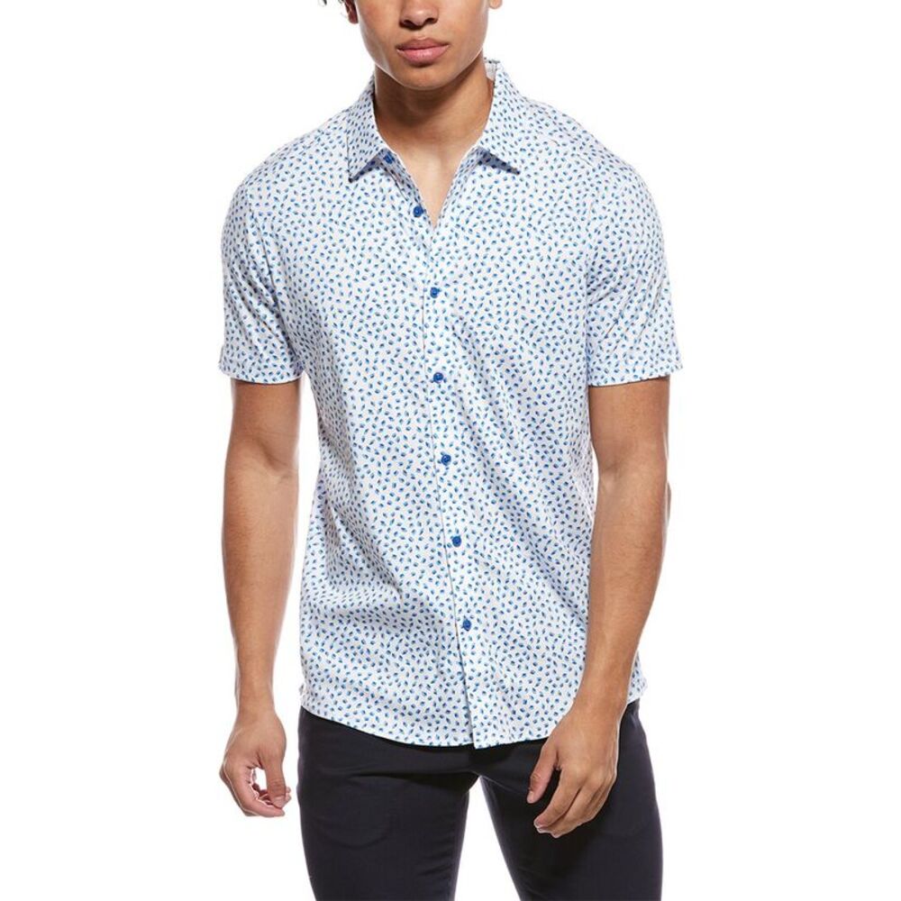 Raffi Mens  Mini Leave Print Button Shirt, Blue